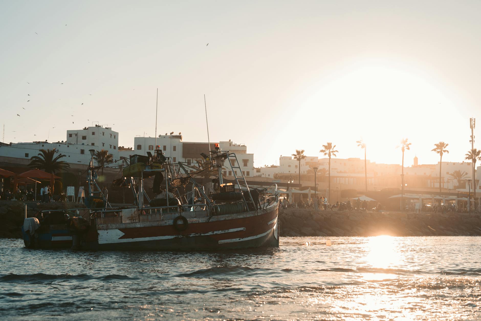 A serene sunset scene with a fishing boat near a coastal city, silhouetted skyline, and calm waters.