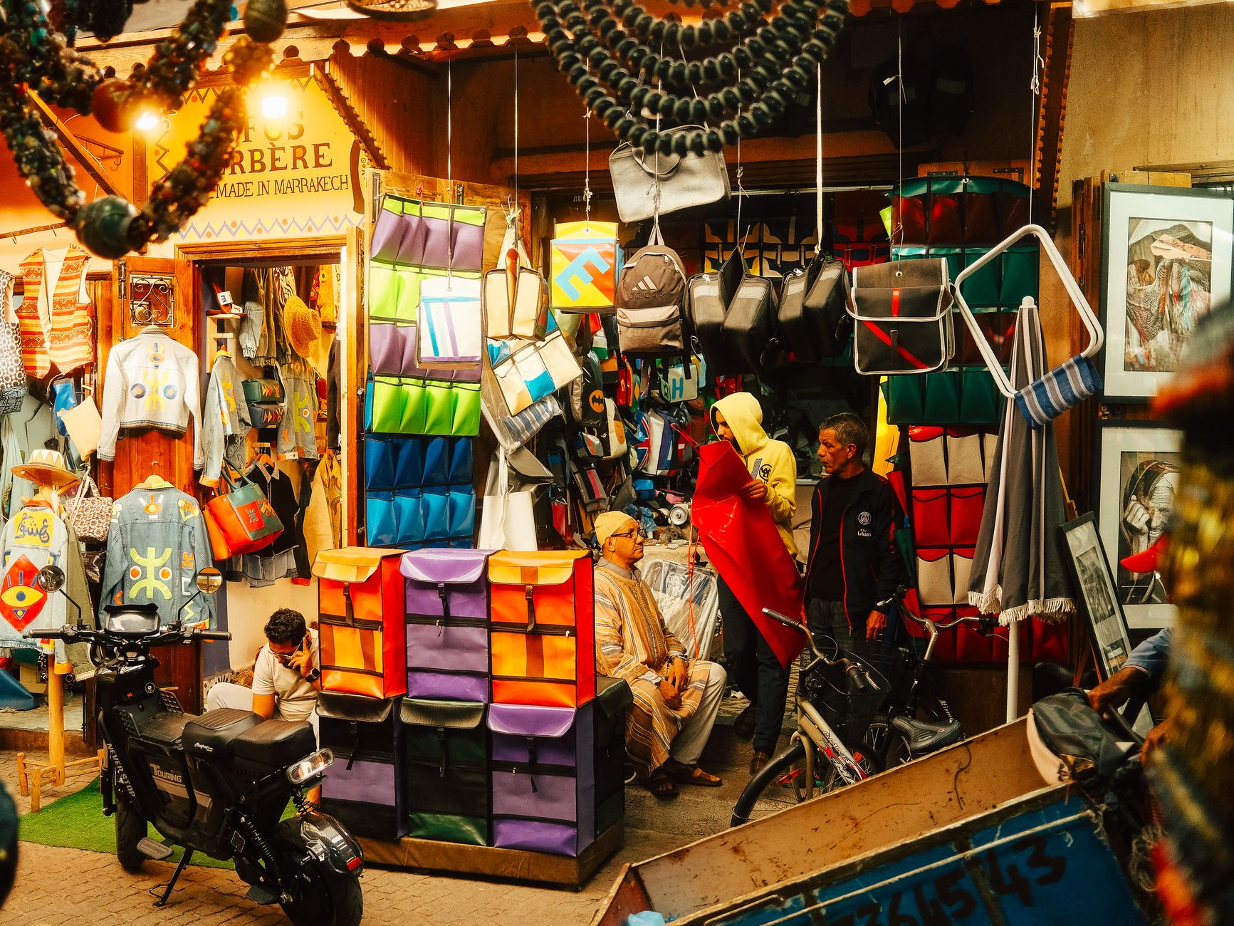 Colorful Moroccan souk market with traditional goods in the medina